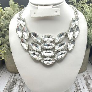 Natasha Crystal Bib Statement Necklace Silver Tone